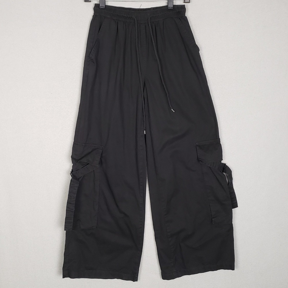 Forever 21 Pull On Wide Leg Baggy Cargo Pants Black Goth Streetwear Sporty Sz XS